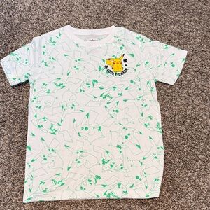 Pokemon Kids White Tee with Green Pikachu Pattern